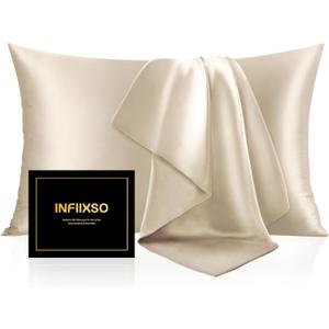 INFIIXSO Silk Pillow Cases 2 Pack Standard Size, Ultra Smooth & Soft Mulberry Silk Pillow Case for Hair and Skin, Breathable Cooling Silk Pillowcase with Hidden Zipper (Beige, 20x26 Inches)