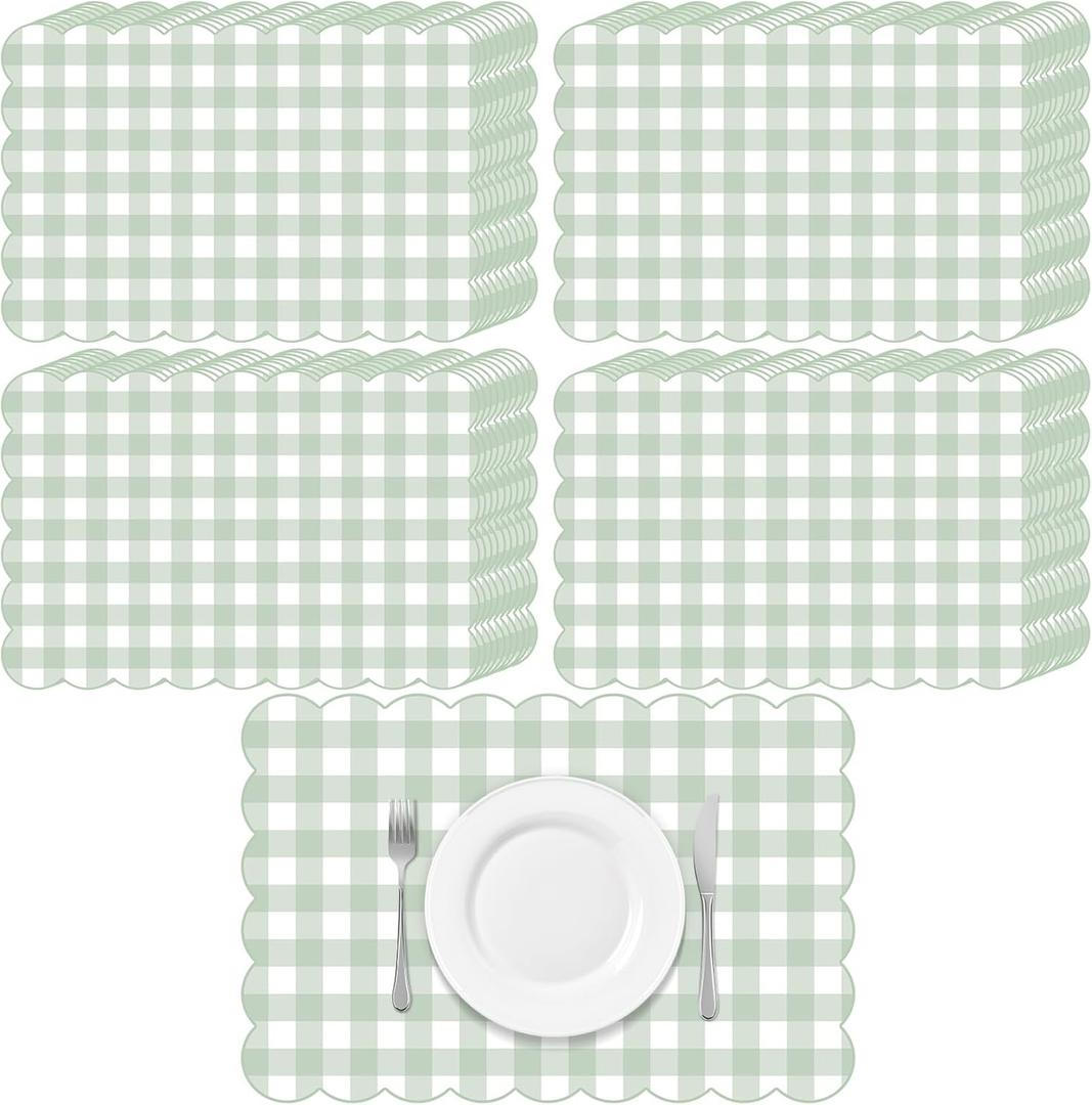 60 Pcs Sage Green Gingham Party Supplies Gift Disposable Scalloped Table Placemat 17.7 X11.8 Inch Decorative Paper Mats Bulk for Table Setting Dining Wedding Christmas Bridal Baby Shower