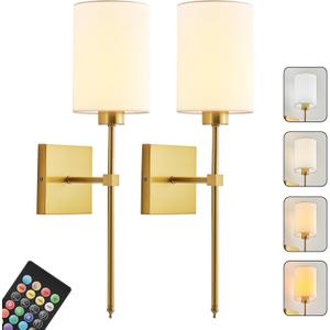 KARTOOSH Battery Operated Wall Sconce Set of Two, Wireless Rechargeable Wall Light with Remote Control, Dimmable, 4 Color Temperatures, RGB, Timer, for Living Room,Bedroom,Entryway, Gold, 20.6 Inch (Brass and White)
