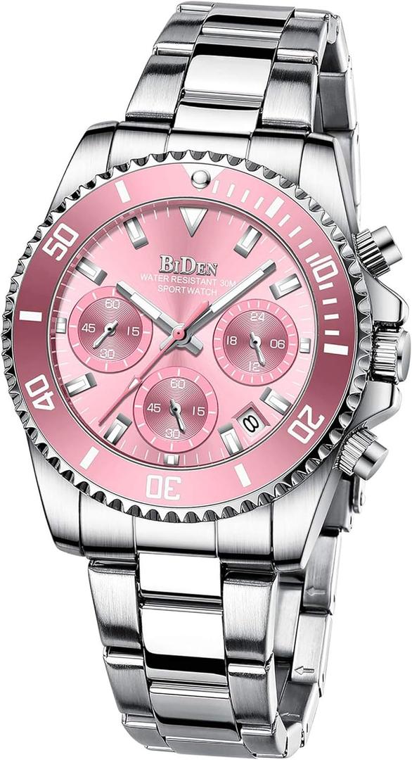 Women's Elegant Chronograph Rotatable Bezel Mineral Glass Luminous Watch Stainless Steel Waterproof Date Analog Quartz Watch Fashion Business Dress Wrist Watch (Silver Pink)