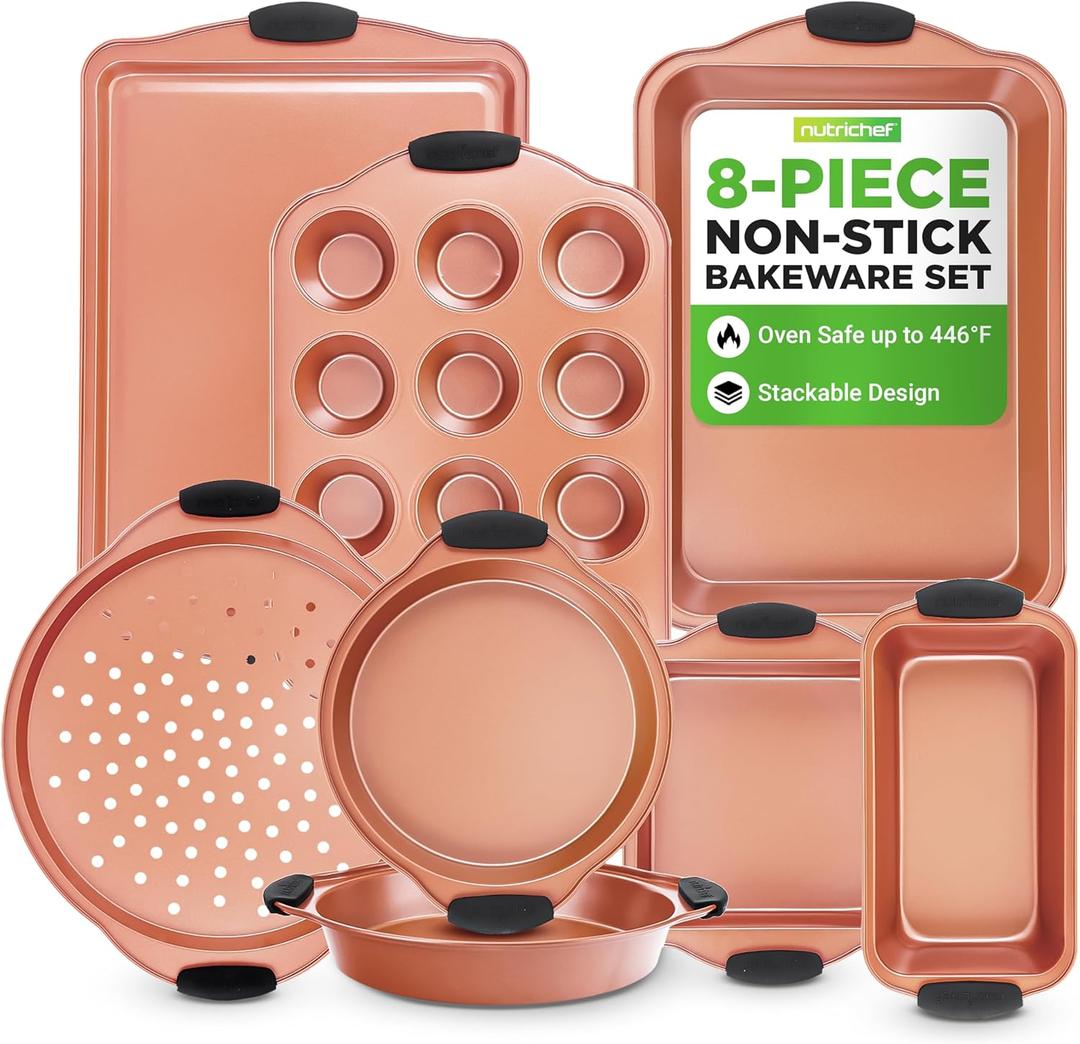 NutriChef 8 Piece Baking Pans Set - Nonstick Carbon Steel Bakeware Set w/ Silicone Heat-Safe Handles - Includes Loaf Pan, Muffin Pan, Cookie Sheets, Pizza Crisper, Roasting Pans - Rose Gold
