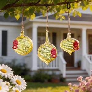 3Pcs Glass Hummingbird Feeders with Flower Feeding Ports Hand Blown Glass Humming Bird Feeders Hanging for Outdoors Garden (Yellow)