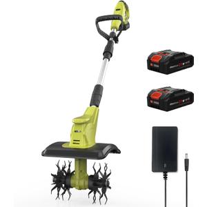 20V Cordless Tiller Cultivator with 48 Steel Tines, 9-inch Wide Battery Powered Garden Cultivator, Mini Tiller for Lawn/Gardening/Soil Cultivation (2*2Ah Battery and Fast Charger Included)