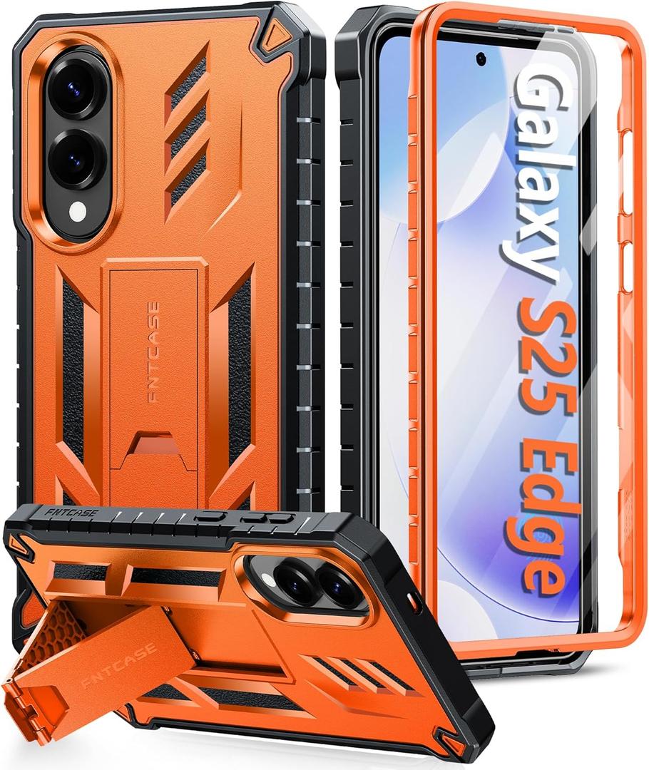 FNTCASE for Samsung Galaxy S25-Edge Case: Military Grade Drop Proof Protection Mobile Cover with Kickstand | Matte Textured Rugged Shockproof TPU | Protective Sturdy Phonecase - Orange