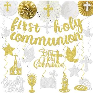 First Holy Communion Decorations, 1st Communion Decorations includes Glitter First Holy Communion Banner and My First Communion Decorations Hanging Swirls for Mi Bautizo Decoration