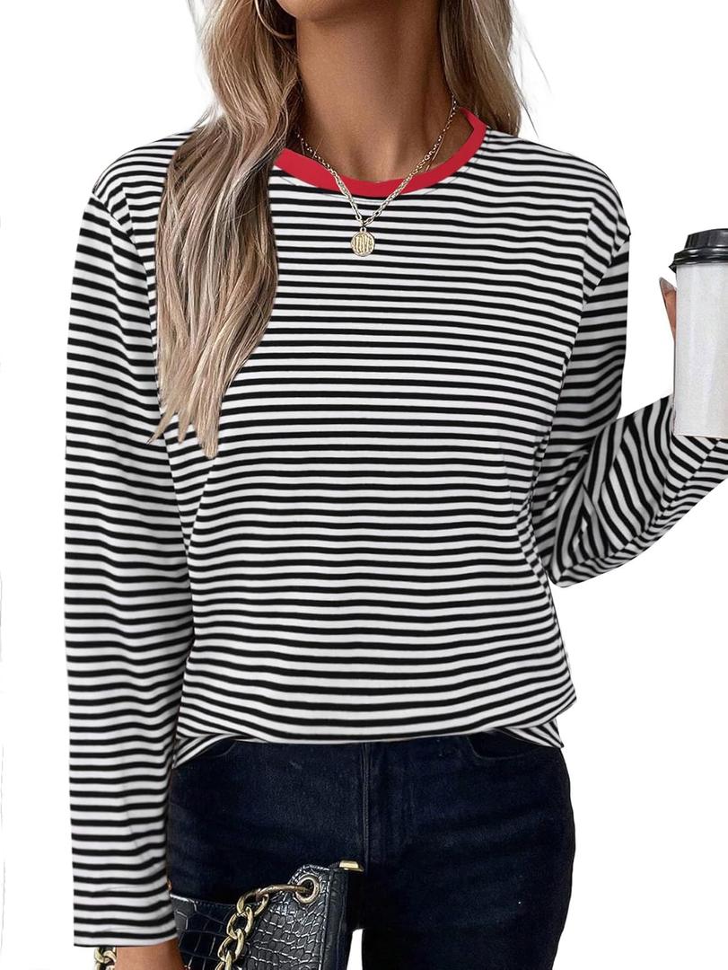 LilyCoco Boat Neck Tops for Women Striped Long Sleeve Shirt Breton Loose Fit Tshirt Red Large
