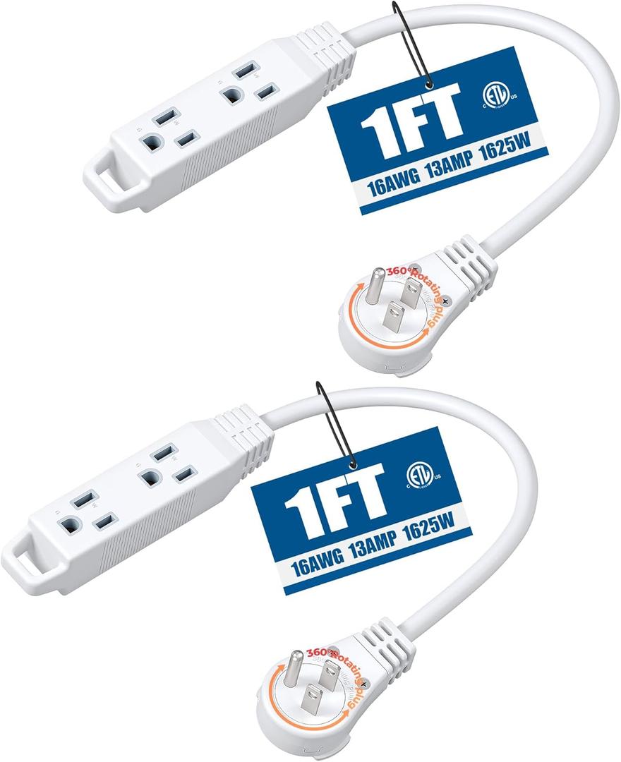 DEWENWILS 1FT 360 Rotating Flat Plug Extension Cord, 3 Prong Thin Power Strip, 16/3C 13A/125V/1625W, Rotating Plug for Indoor Narrow Space, SJT-3, ETL Listed, White, 2 Pack