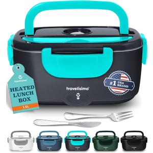 TRAVELISIMO Electric Lunch Box for Adults 100W Heated Lunch Box For Men 1.5L Stainless Steel Portable Food Warmer, 12/24/110V Electric Food Warmers for Travel & Work Loncheras Para Hombres de Trabajo (Neon Blue)