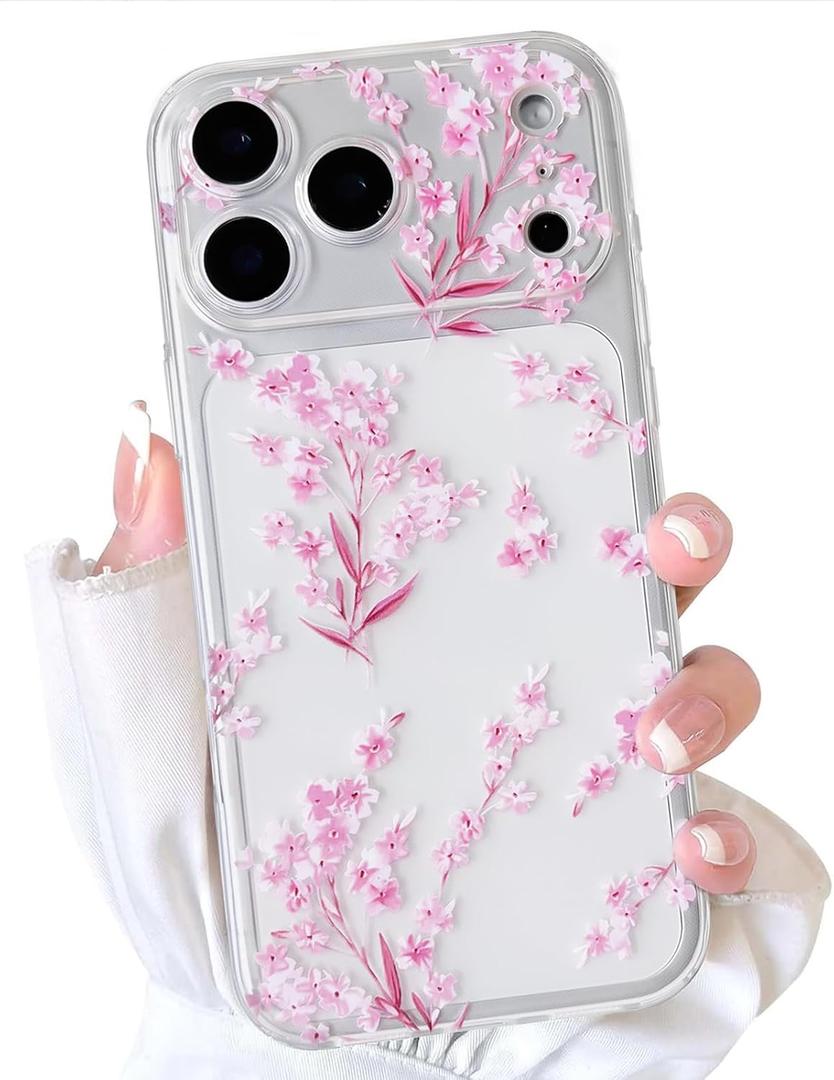 NITITOP Compatible with iPhone 17 Pro Max Case Cute Clear Flower Floral Artistic Design for Women Girls Stylish Slim Soft TPU Shockproof Protective Girly Phone Cover - Pink