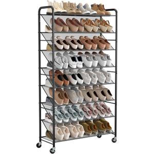STORAGE MANIAC Tall Shoe Rack, 8 Tiers Shoe Organizer with Lockable Wheels for Entryway, Closet, Hallway, Double-Sided Vinyl Mesh Shelf Shoe Storage, Holds 60 Paris, Black