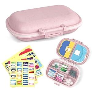 1Pack Travel Pill Organizer & 56 Medicine Name Stickers, 8 Compartments Portable Pill Case, Small Pill Box for Pocket Purse Portable Medicine Vitamin Container (Pink with Stickers)
