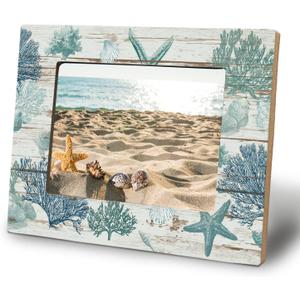 WHCHJ Coastal Beach 5x7 Picture Frame, Gifts for Ocean Lovers, Beach Photo Frame, Rustic Coral Starfish Shells Nautical Wood Frames for Wall or Tabletop Display, Retro Ocean Starfish