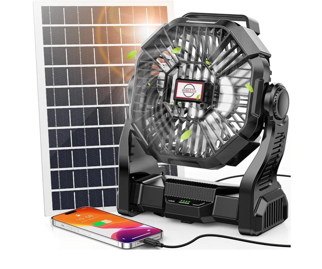 30000mAh Solar Fan with LED Lantern, 10W Solar Panel Rechargeable Battery Powered Camping Fan for Outside, 9 Inch Portable Battery Operated Hurricane Supplies for Picnic, Barbecue, Fishing, Travel