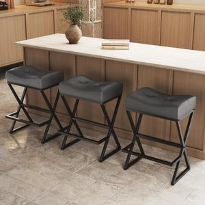 Counter Height Bar Stools Set of 3, Backless 26" Saddle Barstools, Grey