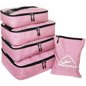 Hopsooken 5 Set Packing Cubes for Travel Large Suitcase Luggage Organizer Bags Travel Accessories Vacation 4 Cubes 1 Laundry Pouch Bag, Pink