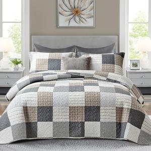 Finlonte Quilt Set Queen Size - 100% Cotton Queen Comforter Set, Plaid Quilted Bedspread Farmhouse Country Bed Spread, Lightweight Reversible Quilt Bedding Set All-Season, Gray/Brown/Black/White, 3Pcs