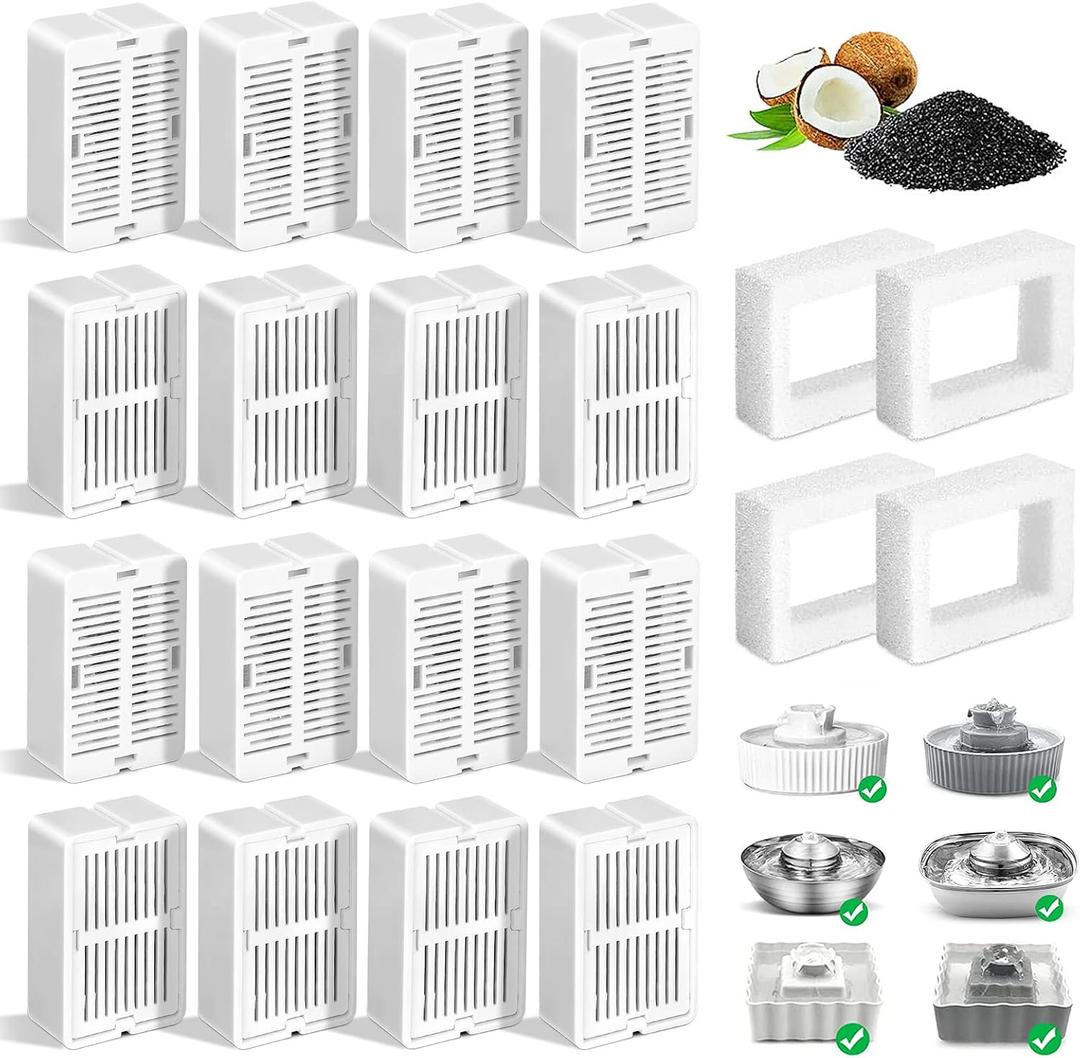 16 Pack Replacement Filters for 360 CupCake Ceramic Pet Fountain, GISOFIK Cat Water Fountain Filter, Triple Filtration Pet Fountain Filter, Ceramic Cat Fountain Filters with 4 Foam Sponges