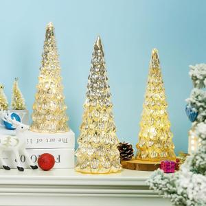 3 Pcs Mercury Glass Christmas Tree with Lights Table Top Gold Christmas Tree Holiday Home Tabletop Centerpieces Mantle Decor (Gold-Round)