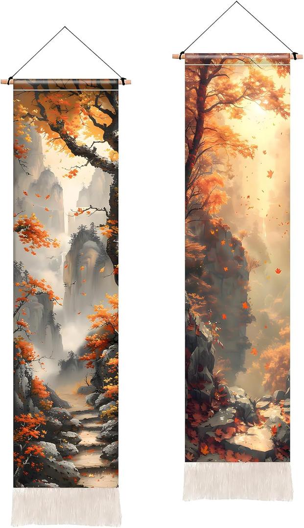 2 Pcs Mountain Tapestry,Mountain River Long Vertical Tapestry Wall Hanging,Traditional Ink Painting Wall Art,Zen Aesthetic Wall Hanging for Living Room Bedroom Decor (51x13 Inch, Landscape)