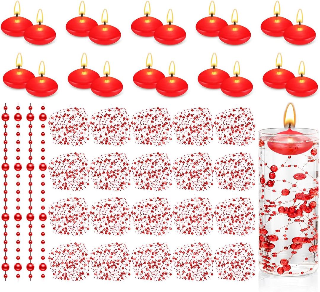 Fumete 40 Pcs Red Wedding Floating Candles Pearl Strings for Centerpieces Small Unscented Floating Wedding Candles Vase Fillers Table Decoration for Anniversary Birthday Engagement Home Decor