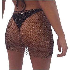 Women Rave See Through Hollow Out Rhinestone Bikini Cover Up Skirt Festival