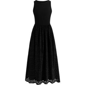 dowerme Women Summer Dresses 2026 Casual Sleeveless Crewneck A-Line Boho Lace Eyelet Cotton Tank Maxi Dress with Pockets, Large