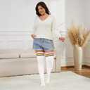 Plus Size Thigh High Socks for Women Thick Thighs Cotton Knit Extra Long Over the Knee Leg Warmer (White & Rainbow Stripe)