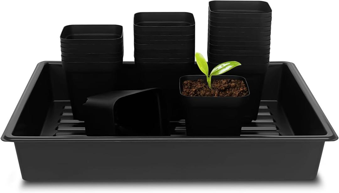 RooTrimmer 4 inch (10CM) Square Nursery Pots 60pcs, Sturdy Seedlings Trays 5 Pcs, Seeds Starter Germination Tray, Microgreening Planter Nursery Propagation 5 Sets