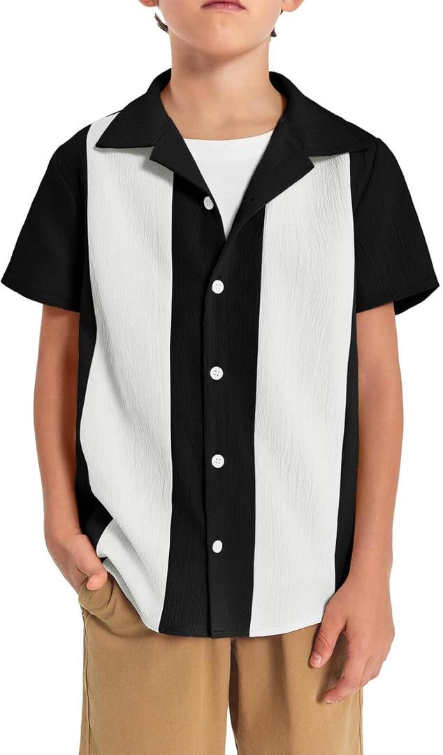 Haloumoning Boys Shirts Button Down Short Sleeve Shirt Striped Casual Summer Beach Shirts 5-14 Years (Black)