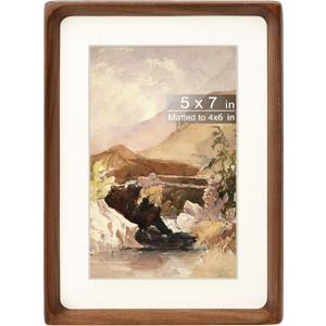 5x7 Picture Frame with Mat for 4x6, Natural Walnut Wood Handcrafted Rounded Corner with Real Glass, Vertical or Horizontal Display Photo Gallery Wall & Tabletop Frame