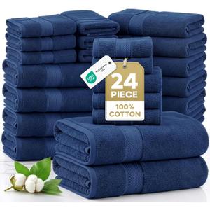 LANE LINEN 24 PCs Bath Towel Set - 2 Bath Sheets, 4 Bath Towels, 4 Fingertip, 8 Washcloths, 6 Hand Towels - 100% Ring Spun Cotton - Highly Absorbent Towels for Bathroom, Gym, Hotel & Spa - Navy Blue, 24 Piece Family Towel Set