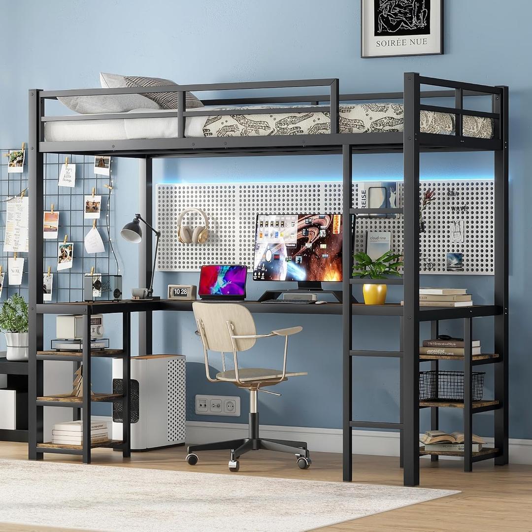 KEIKI Twin XL Metal Loft Bed with Desk & Six Storage Shelves,Sturdy Metal Bed Frame with Ladder & Safety Guardrails,No Box Spring Needed, Perfect for Dorm, Bedroom, Guest Room, Black
