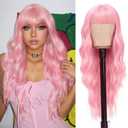 NAYOO Pink Wigs with Bangs - Long Curly Wavy Synthetic Fiber Wigs for Daily Party Use - Heat Resistant - 26 Inches (Pink)