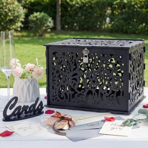 Wedding Card Box with Lock, Black Card Box for Wedding Reception Decorations, Wedding Box for Cards and Money, PVC Envelope Gift Card Box for Party Graduation Baby Shower Birthday Decor
