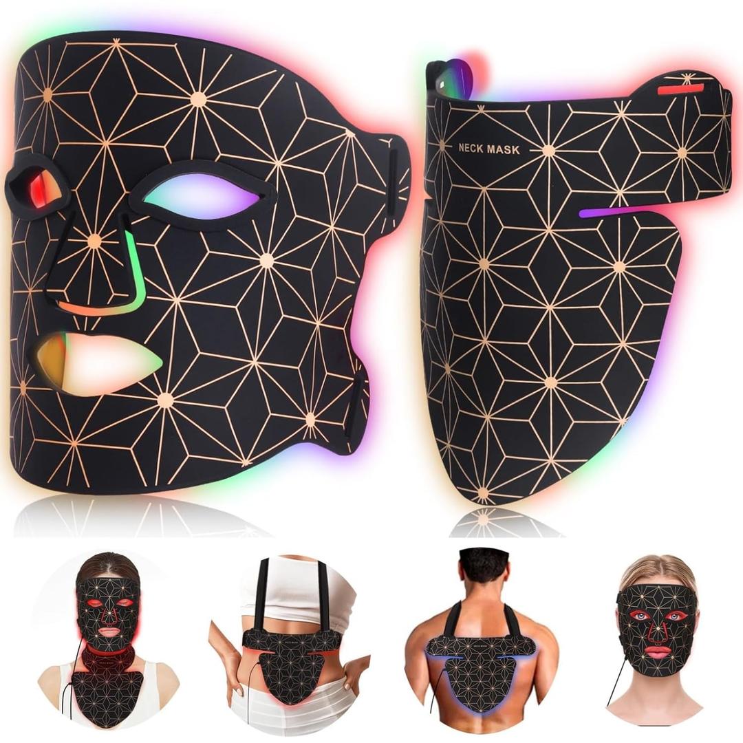 Red Light Therapy for Face and Neck, 8 Colors LED Face Mask Light Therapy with 850NM Near Infrared, 3000 mAh Rechargeable 6-In-1 Red Light Therapy Mask Set Skin Care Device for Skin Rejuvenation