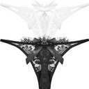2 x G String Thongs for Women T-back Lace Underwear Low Waist V-Shape Sexy Panties for women, Bow Lingerie, 2 Pack (L)