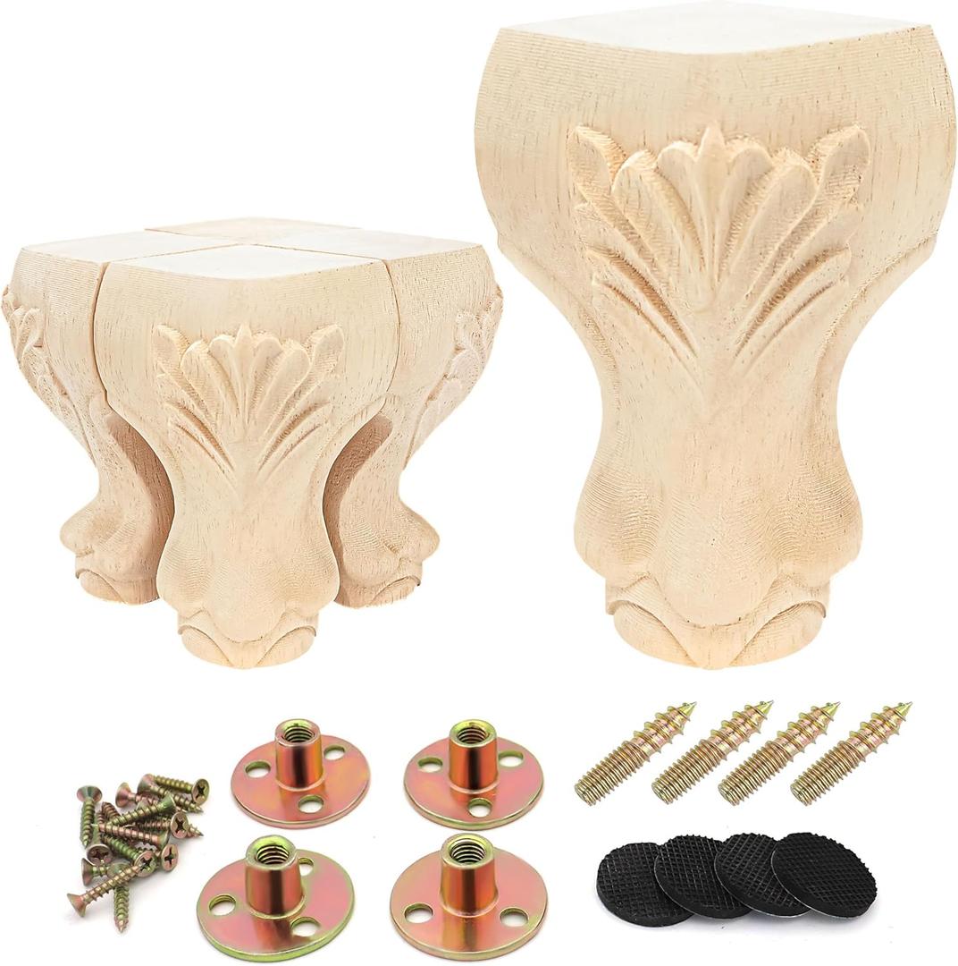 4Pcs Solid Unfinished Wood Furniture Legs European Style Carving Replacement Feet for Sofa Cabinet Wardrobe Loveseat Couch Ottoman Coffee Table 4 Inch