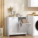 Smart FENDEE Double Tilt Out Laundry Hamper Cabinet, 11.8 Gallon Hidden Trash Cabinets with 2 Baskets for Kitchen, Freestanding Small Bathroom Storage Cabinet Unit, White