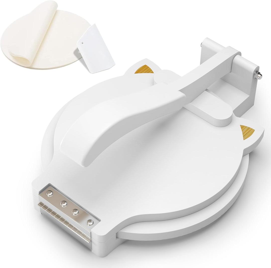Tortilla Press 10 Inch - Bamboo Quesadilla & Roti Maker with Parchment Paper Sheets & Dough Cutter for Homemade Flour Corn Tortilla, Wood Tortillera Pataconera Tortilla Maker for Home Baking (CAT, White)