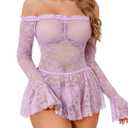 Aranmei Lingerie for Women Floral Lace Teddy Babydoll Dress Long Sleeve Nightgowns with Thongs Chemise Light Purple L