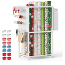 Wrapping Paper Organizer with Wheels, Metal Gift Wrap Storage Cart, Vertical Craft Organizer with 16 Slap Bands for Wrapping Paper Rolls, Wrapping Supplies Storage