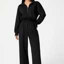 QINSEN Women's AirCotton Long-Sleeve Half-Zip High Waisted Wide Leg Jumpsuit with Peckets (Black, M)