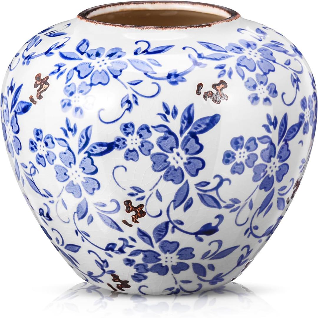 Mimorou Blue and White Vases Ceramic Vintage Chinoiserie Floral 6.69" H Terracotta Round Rustic Pottery Large Crackle Finish Vase for Centerpieces Home Farmhouse Modern Decor Living Room Decoration