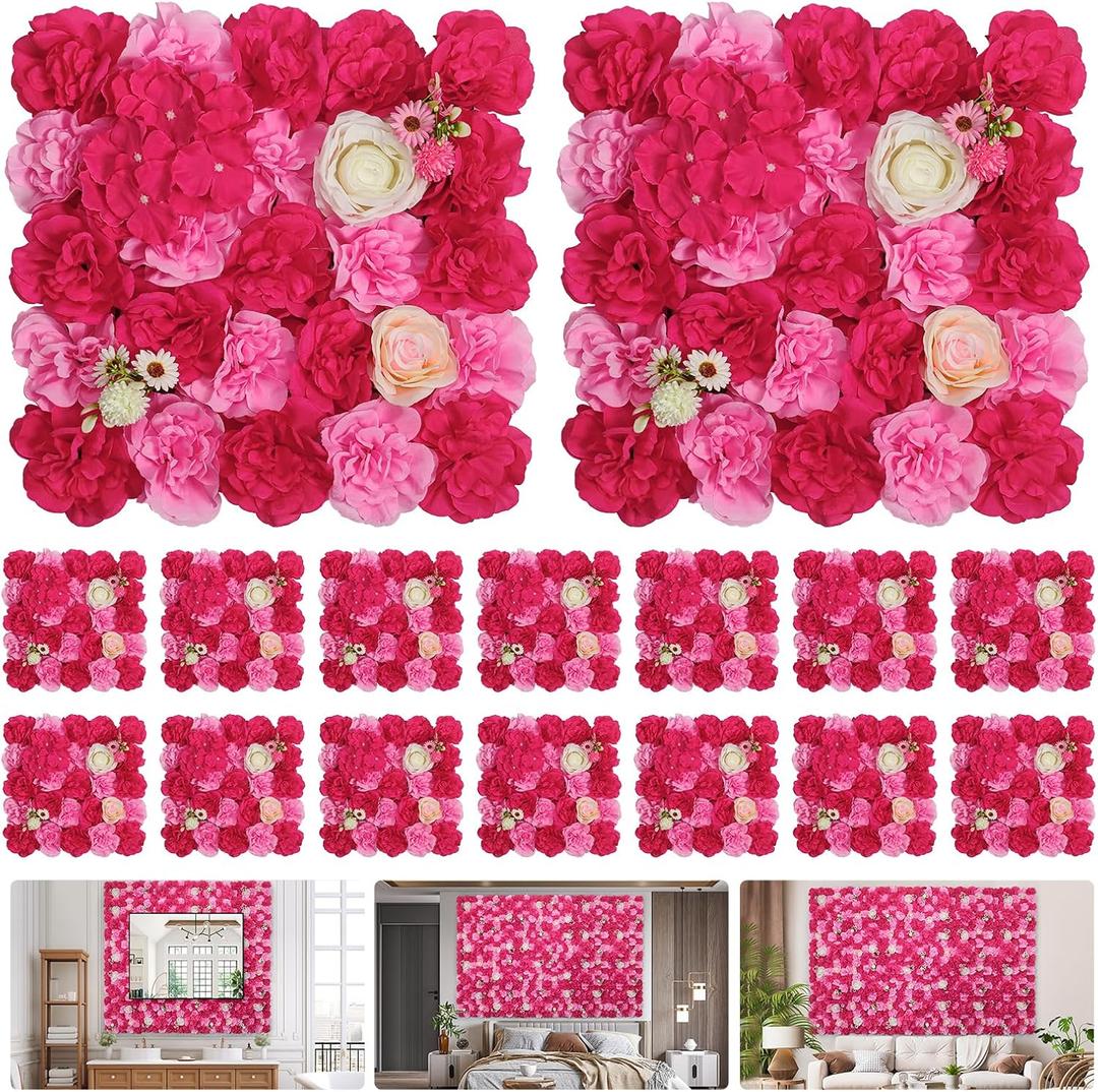 Artificial Flower Wall Backdrop 16pcs 16.5x16.5 Inch Silk Rose Floral Panels Ideal for Wedding Celebrations, Festive Party Backdrops, and Elegant Home Decor-Pink and Rose Red