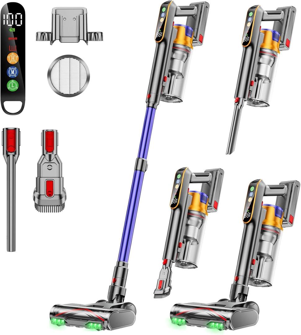 Cordless Vacuum Cleaner, 550W 45KPA 60 Mins Vacuum Cleaners for Home, Stick Vacuum with 1.8L Large Dust Cup, Wall Mount Charging, Anti-Tangle Wireless, Green Light for Pet Hair, Carpets, Hardwood