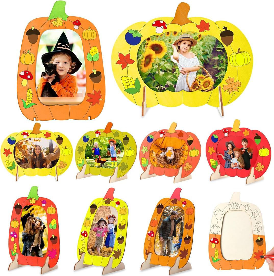Geelin 12 Pack Thanksgiving DIY Wooden Picture Frames Fall Craft Kit Unfinished Solid Wood Pumpkin Photo Frame for Thanksgiving Christmas Party Gift, Tabletop Display DIY Activities Art Decoration
