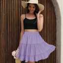 THHGPO Women's Basic Mini Skirts Versatile Flared Cotton Ruffle Elastic Waist A-Line Casual Short Skirt (Purple, M)