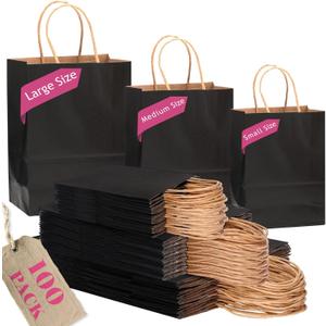 qiqee 100-Packs Black Paper Gift Bags with Handles Bulk Assorted Sizes(33pcs Large 13", 33pcs Medium 11", 34pcs Small 8")