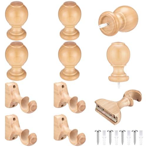AceOrbit 4 Sets Wood Curtain Rod Brackets and Curtain Rod Finals Kit 1.18-inch Diameter Screw on End Caps Brackets with Screws