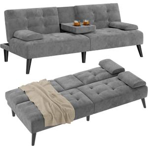 Shintenchi Futon Sofa Bed, Velvet Foldable Couch Reclining Sleeper w/Removable Armrests, Upholstered Loveseat w/Folding Cup Holders for Home, Office, Dark Gray